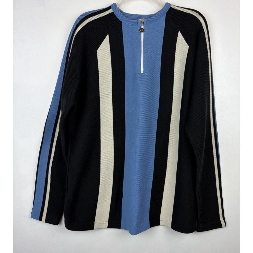Vintage 90s Colorblock Knit Sweater Men Medium Blue White Striped Made USA Retro